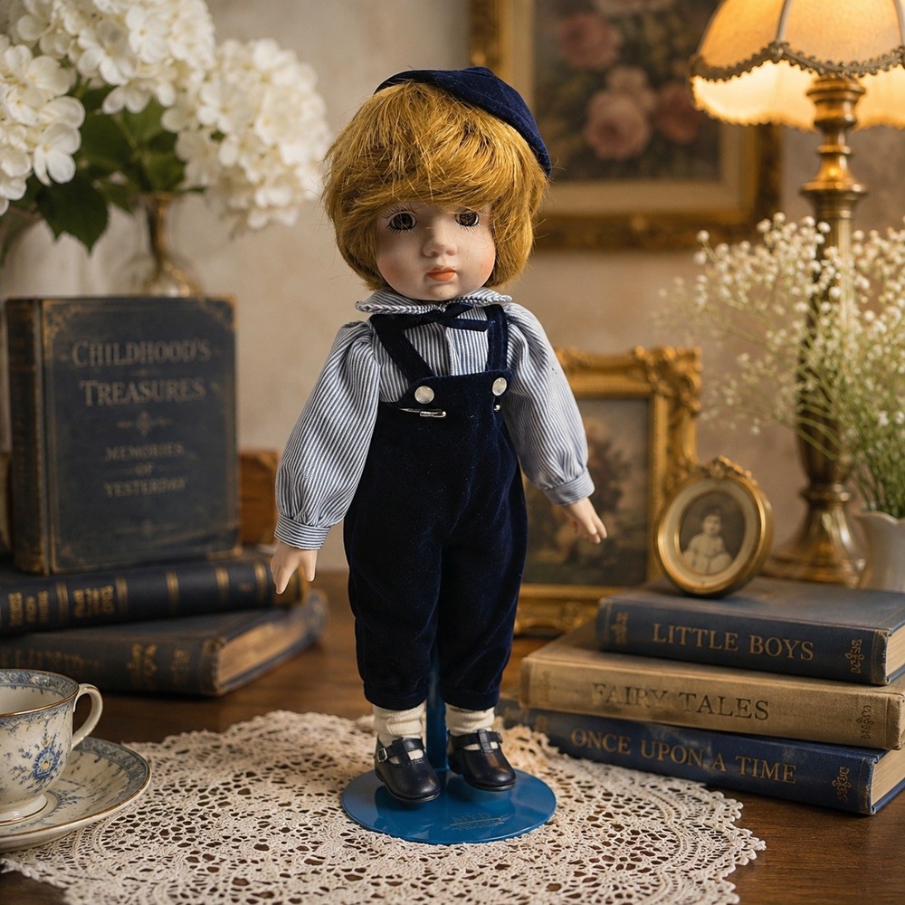 Vintage MYD Marian Yu Porcelain Boy Doll w/ Stand Navy Outfit Collectible